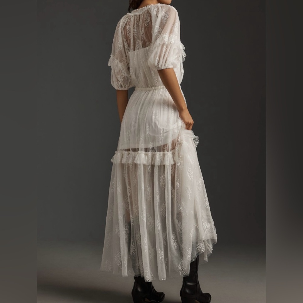 Let Me Be Short-Sleeve Ruffle White Maxi Dress